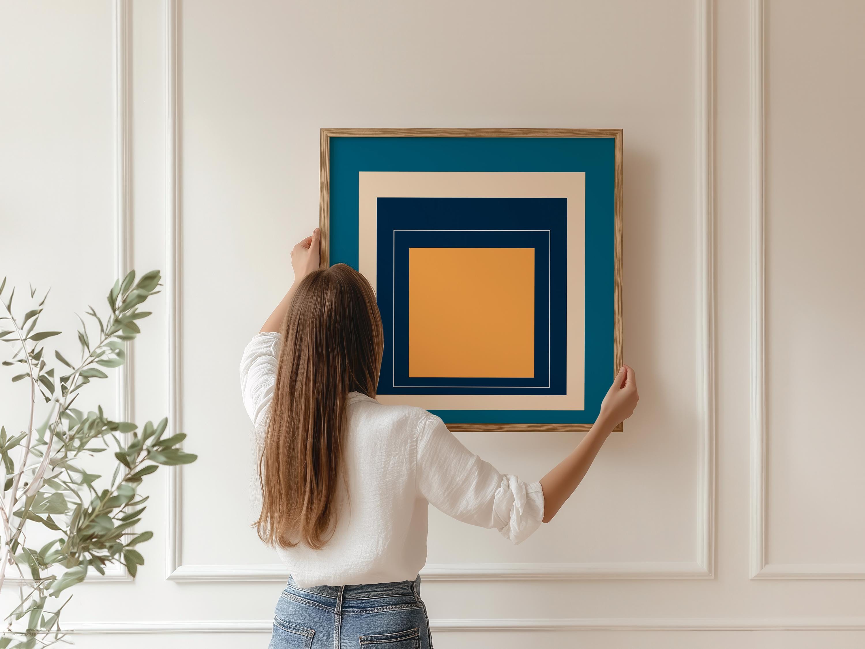 After Josef Albers - Metro (Homage to the Square) PRINT | Midcentury Modern Art in Blue and Orange available framed 1x1 - 9ArtPrints