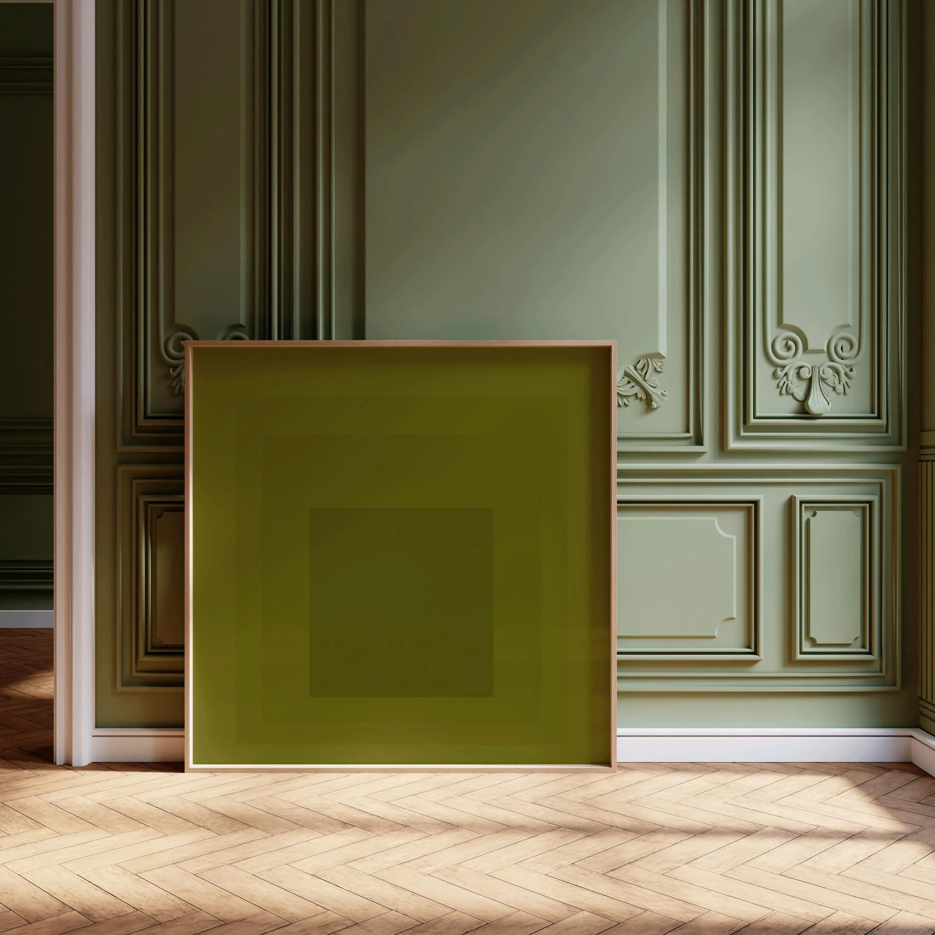 After Josef Albers - Zeytoun (Homage to the Square) PRINT | Mid - century Modern Art Print in Olive Green available framed 1x1 - 9ArtPrints