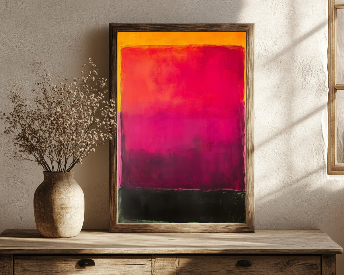 Framed art print of Black and Purple (Colour Field) by After Mark Rothko, in a dark wood frame leaning on a rustic console beside dried flowers