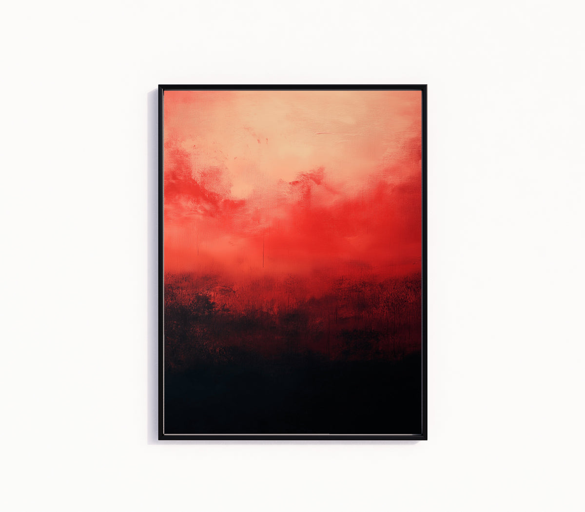 Framed art print of Black and Red (Colour Field) by After Mark Rothko, in a slim black frame on a plain white wall
