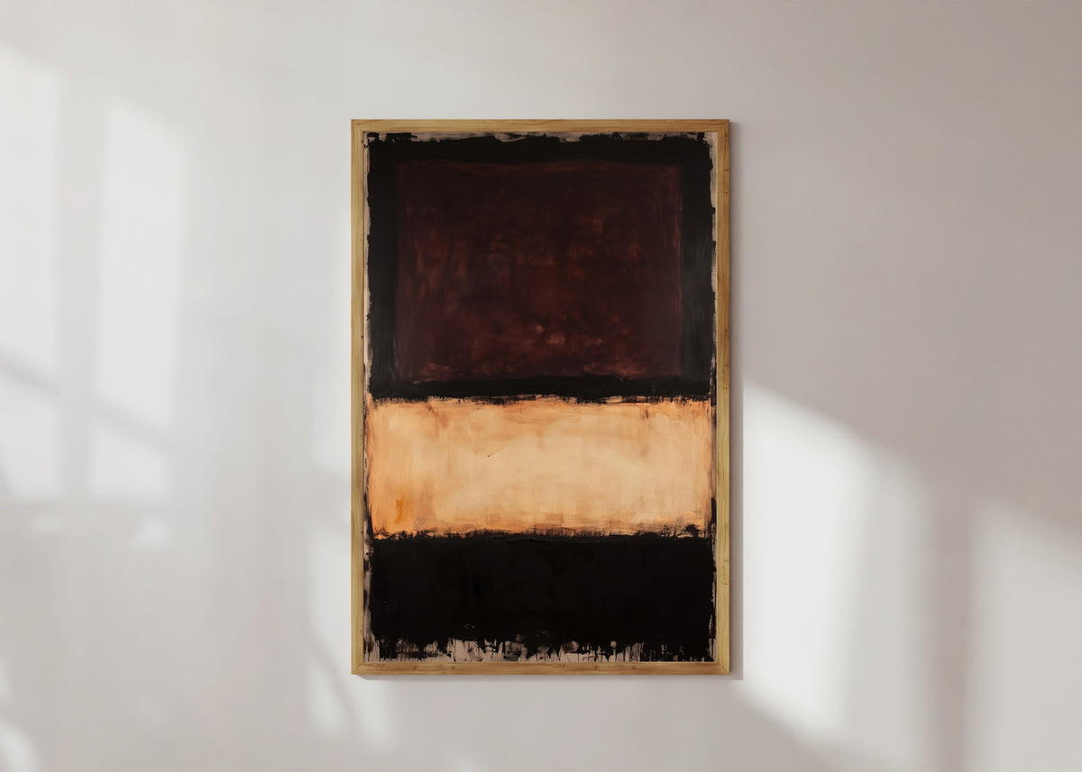 Framed art print of Colour Field: Beige, Brown, Black by After Mark Rothko, in a light wood frame on a sunlit white wall
