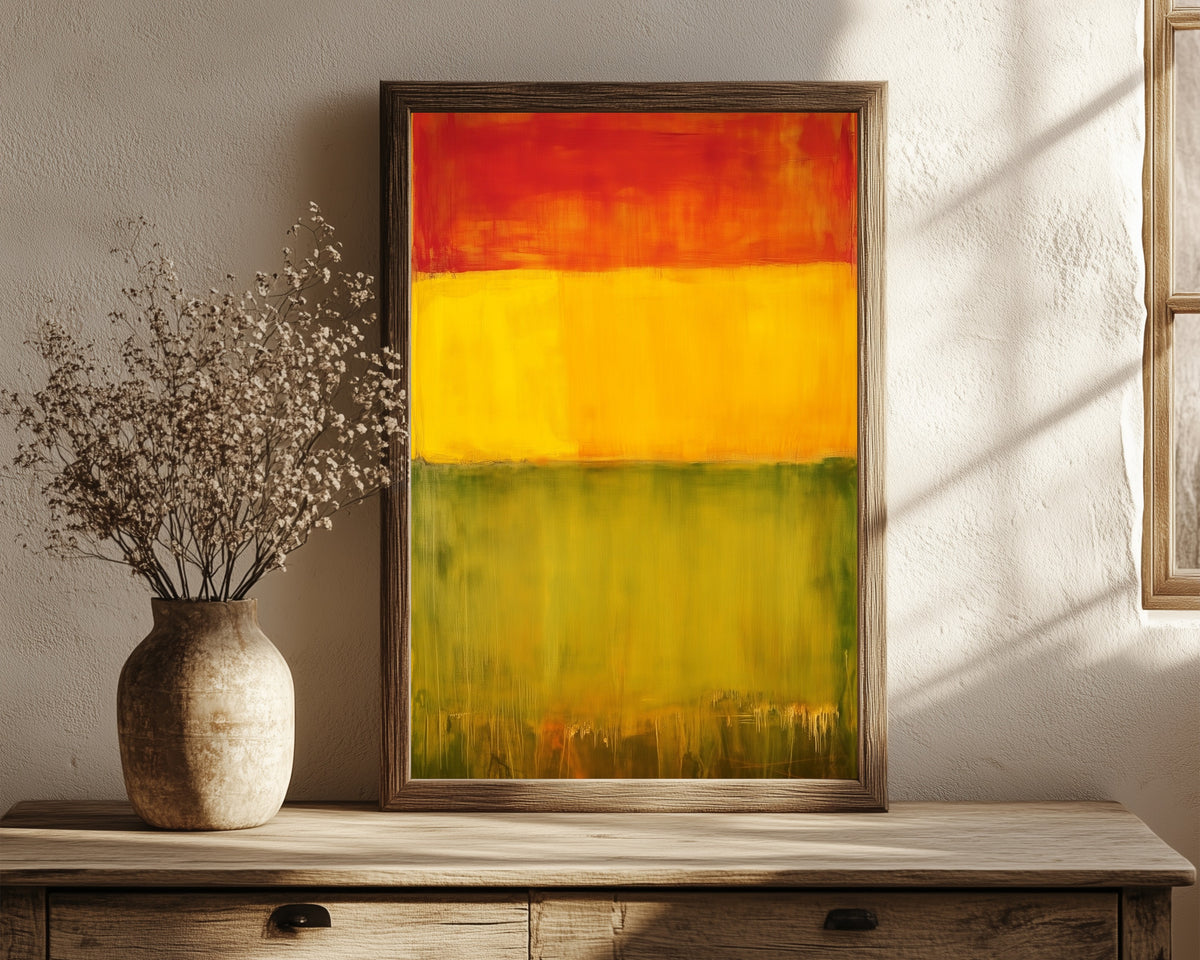 Framed art print of Green, Yellow and Red (Colour Field) by After Mark Rothko, in a dark wood frame leaning on a rustic console beside dried flowers