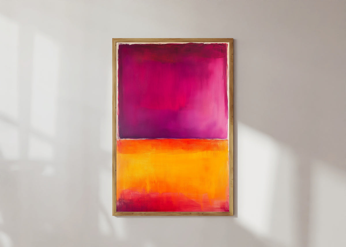 Framed art print of Orange and Purple (Colour Field) by After Mark Rothko, in a light wood frame on a sunlit white wall
