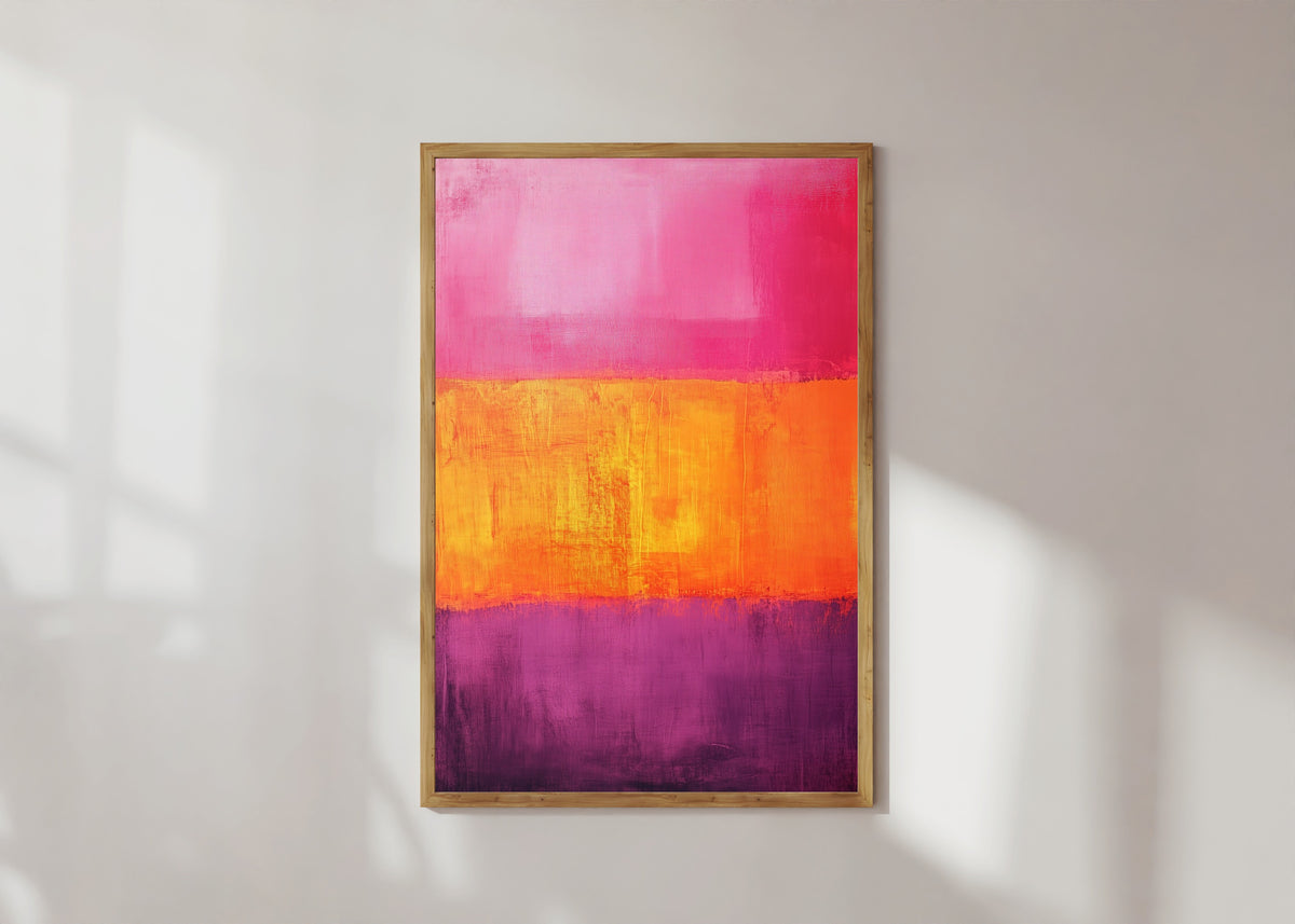 Framed art print of Orange and Purple II (Colour Field) by After Mark Rothko, in a light wood frame on a sunlit white wall