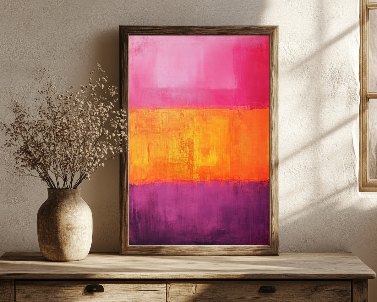 Framed art print of Orange and Purple II (Colour Field) by After Mark Rothko, in a dark wood frame leaning on a rustic console beside dried flowers