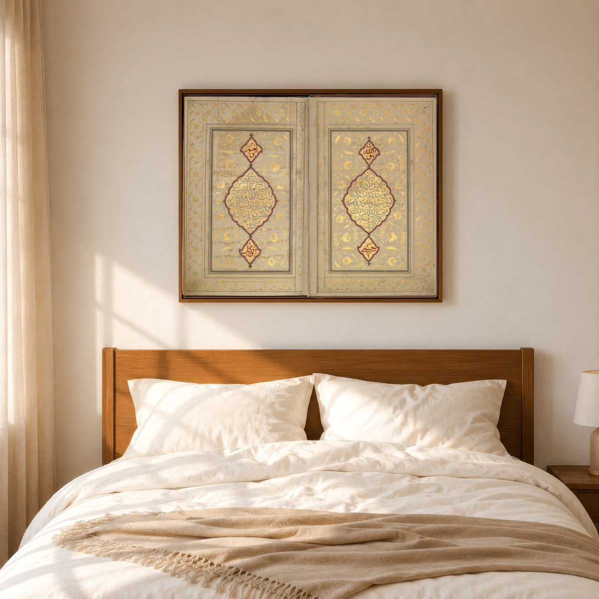 Framed art print of Book of Prayers: Illuminated Opening with Gold Medallions by Ahmad Nairizi, in a slim wood frame above a bed in a sunlit bedroom