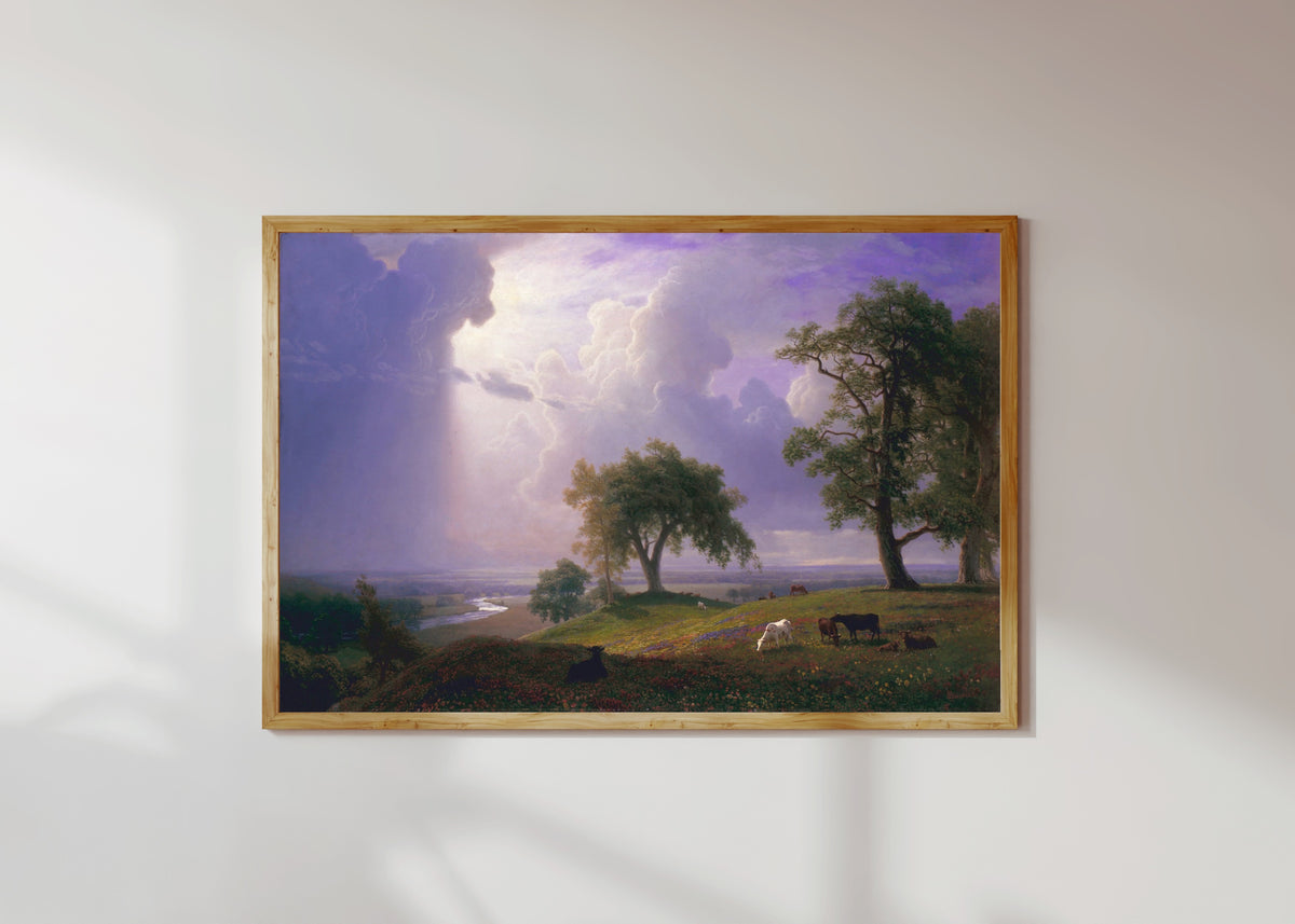 Framed art print of California Spring by Albert Bierstadt, in a light wood frame on a sunlit white wall