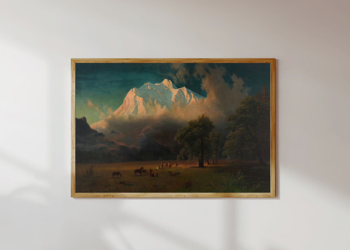 Framed art print of Mount Adams, Washington by Albert Bierstadt, in a light wood frame on a sunlit white wall