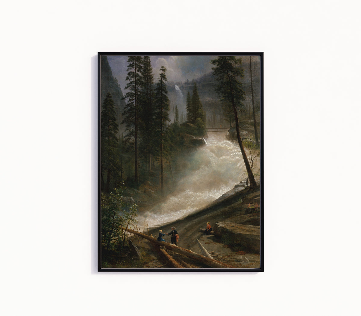 Framed art print of Nevada Falls, Yosemite by Albert Bierstadt, in a slim black frame on a plain white wall