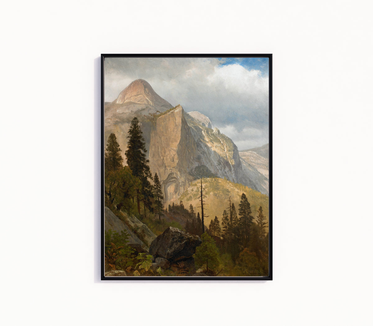 Framed art print of North Dome, Yosemite Valley by Albert Bierstadt, in a slim black frame on a plain white wall