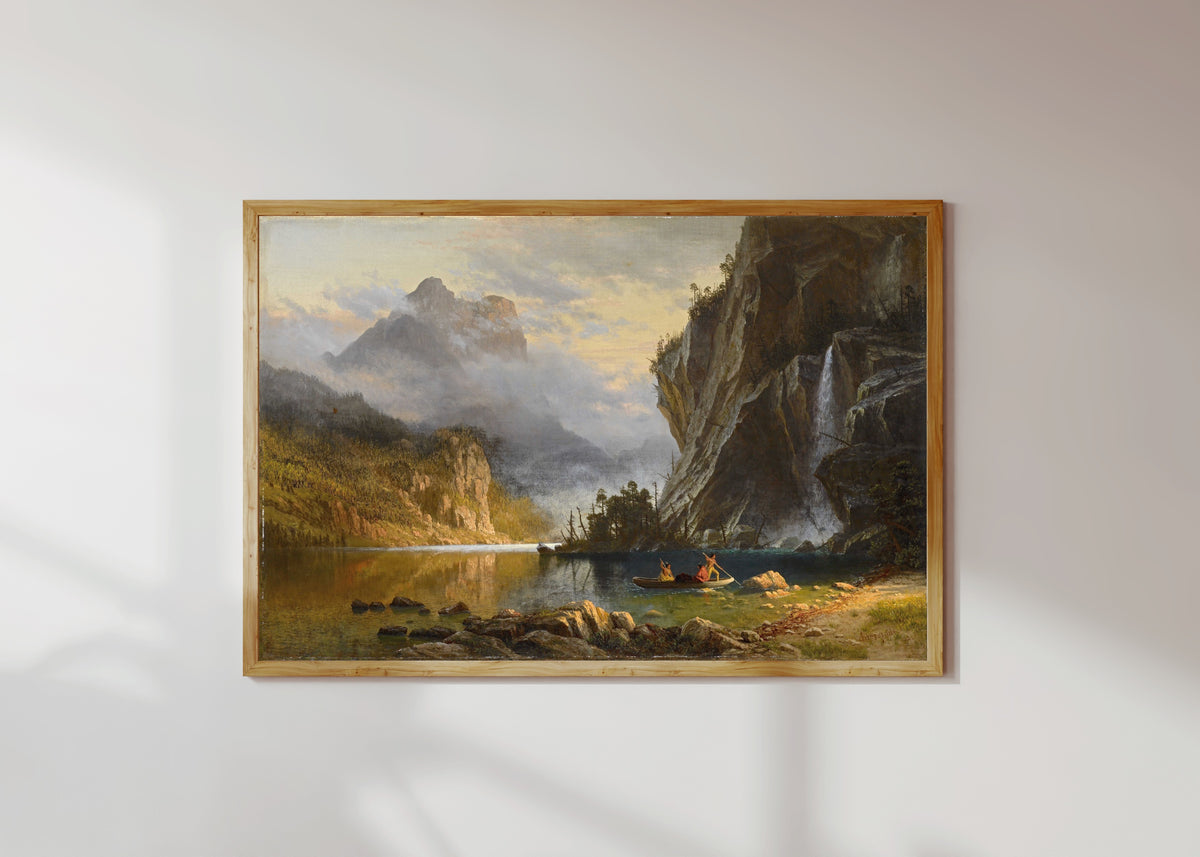 Framed art print of Spear Fishing by Albert Bierstadt, in a light wood frame on a sunlit white wall