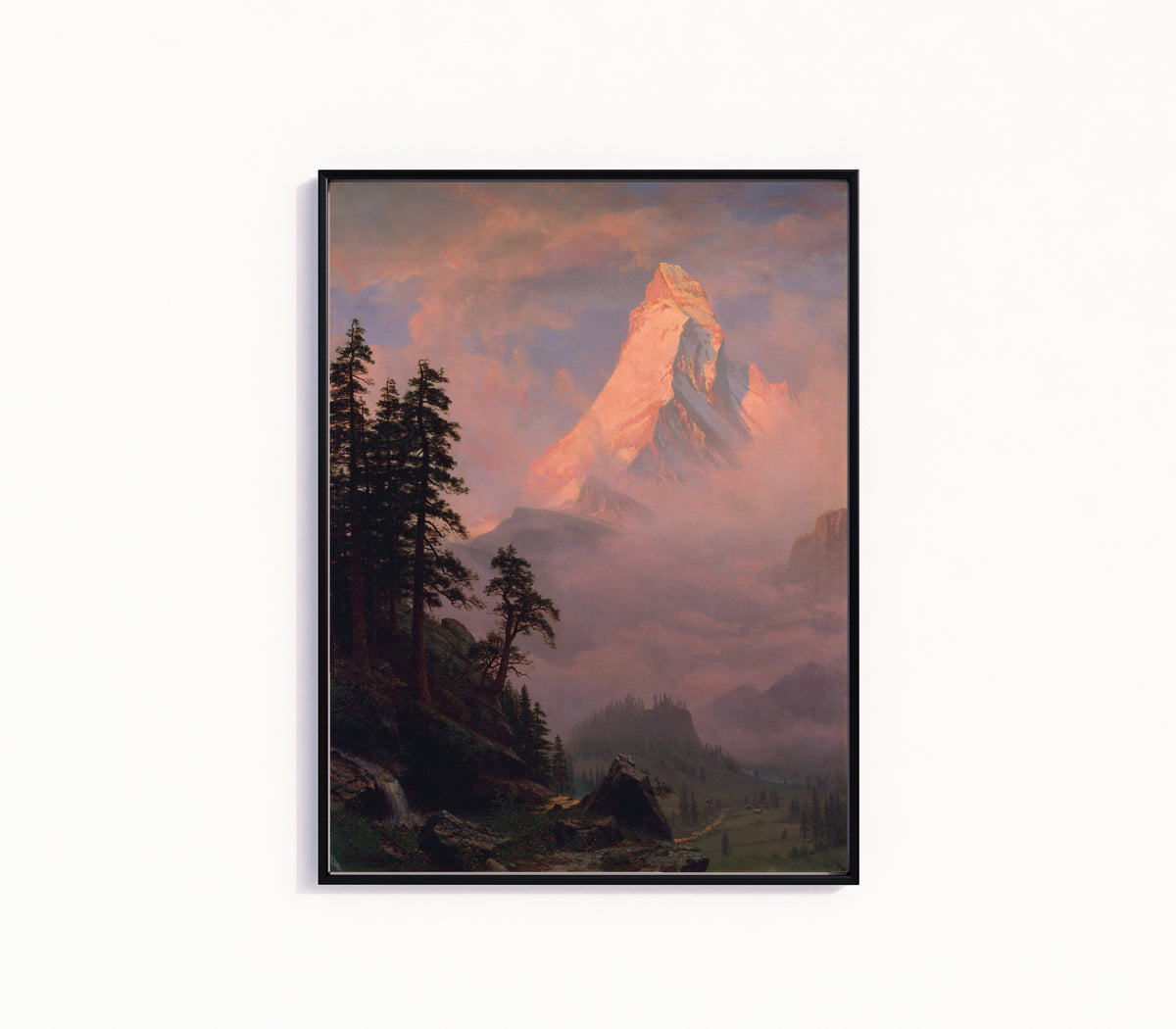 Framed art print of Sunrise on the Matterhorn by Albert Bierstadt, in a slim black frame on a plain white wall