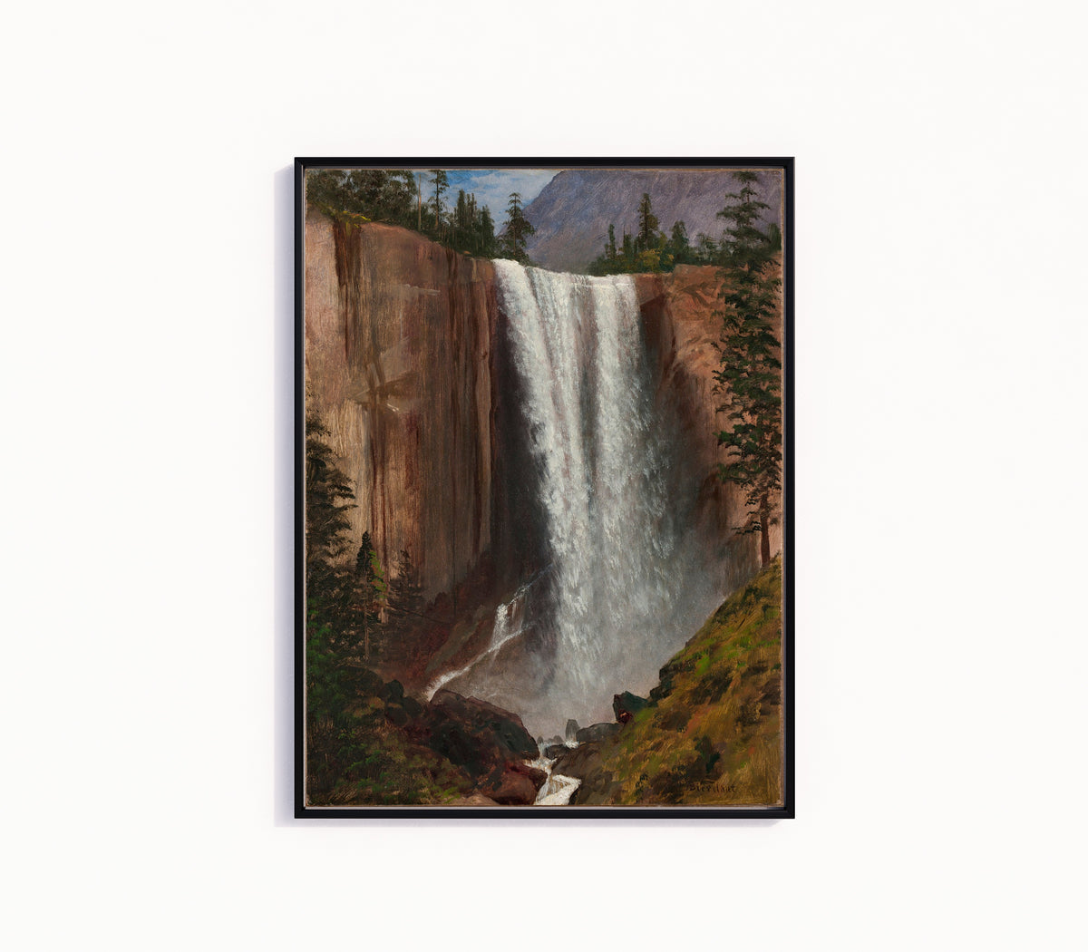 Framed art print of Vernal Fall by Albert Bierstadt, in a slim black frame on a plain white wall