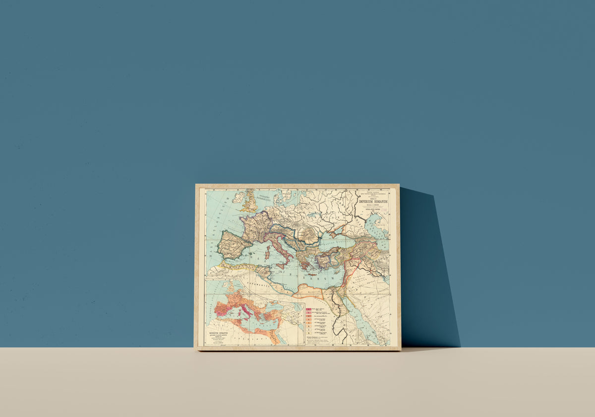 Framed art print of Imperium Romanum (Tabulae Maximae) by Albert van Kampen, in a light wood frame leaning on a blue wall