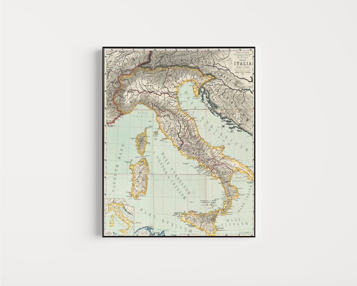 Framed art print of Italia (Tabulae Maximae) by Albert van Kampen, in a slim black frame on a plain white wall
