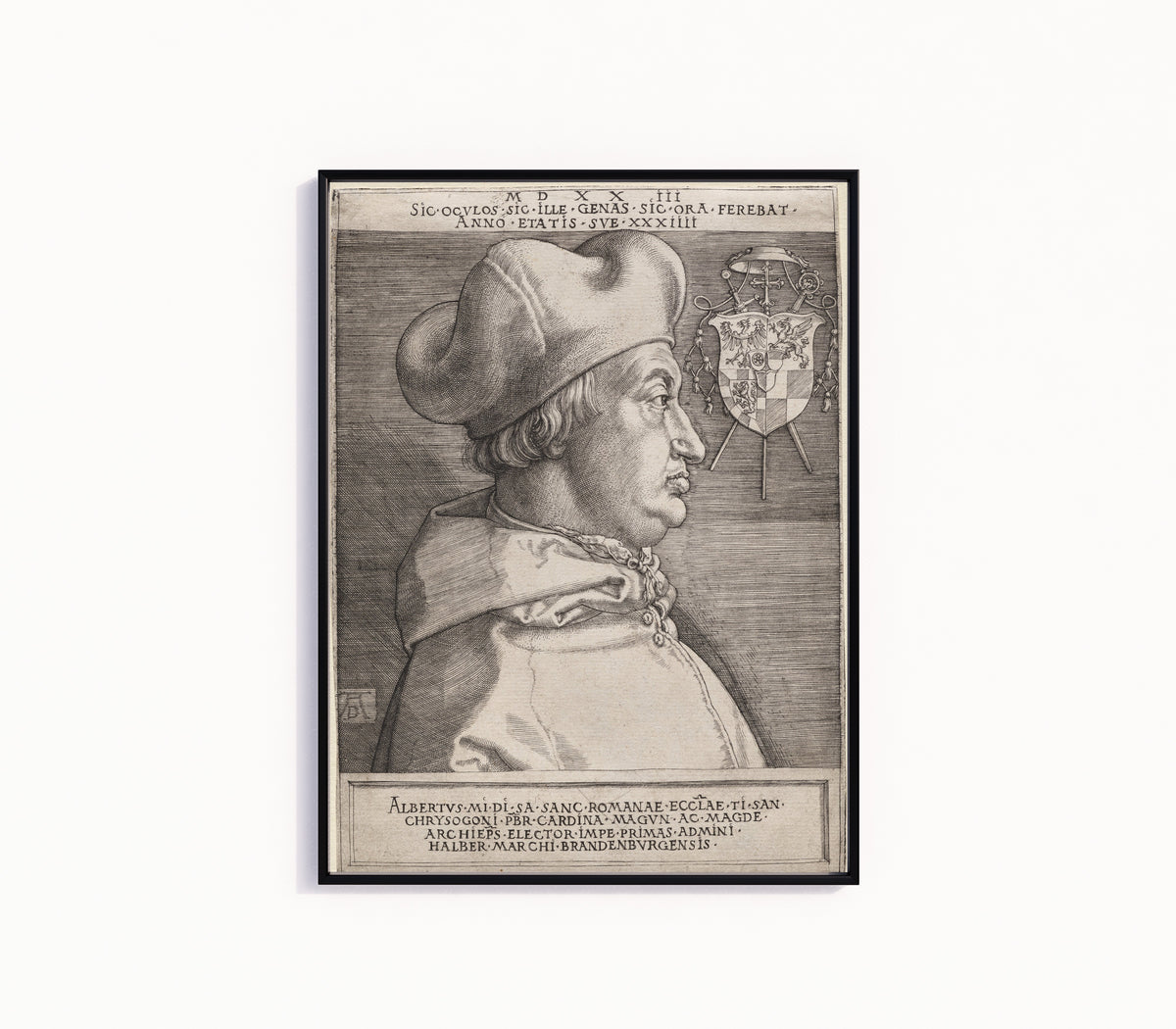 Framed art print of Cardinal Albrecht of Brandenburg (The Large Plate) by Albrecht Dürer, in a slim black frame on a plain white wall
