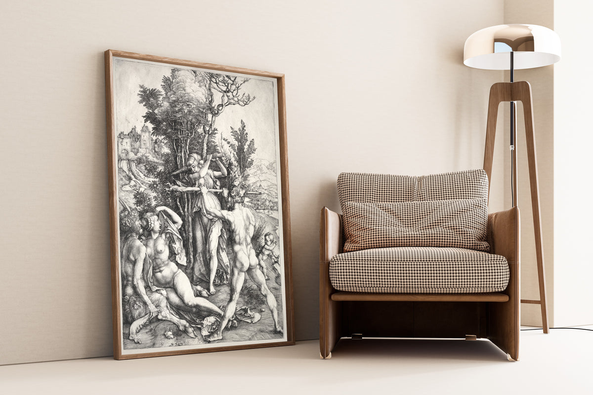 Framed art print of Hercules at the Crossroad by Albrecht Dürer, leaning against a wall beside an armchair and a floor lamp