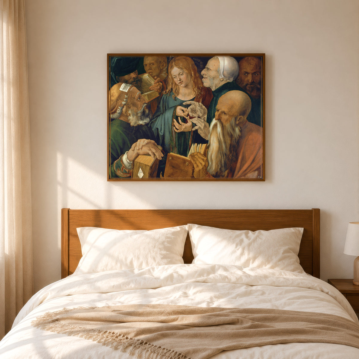 Framed art print of Jesus Among the Doctors by Albrecht Dürer, in a slim wood frame above a bed in a sunlit bedroom