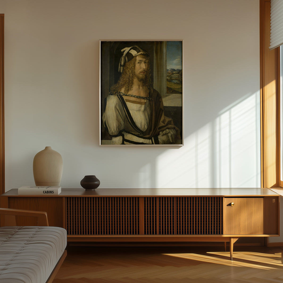Framed art print of Self-Portrait by Albrecht Dürer, in a thin light frame on a sunlit wall above a wooden sideboard