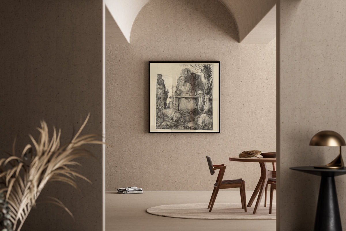 Framed art print of St Jerome in the Wilderness by Albrecht Dürer, in a sunlit dining corner