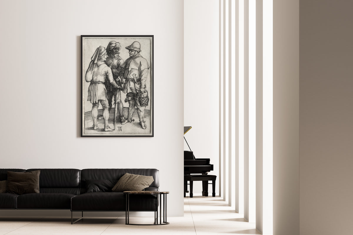 Framed art print of Three Peasants in Conversation by Albrecht Dürer, on the wall of a minimal living room