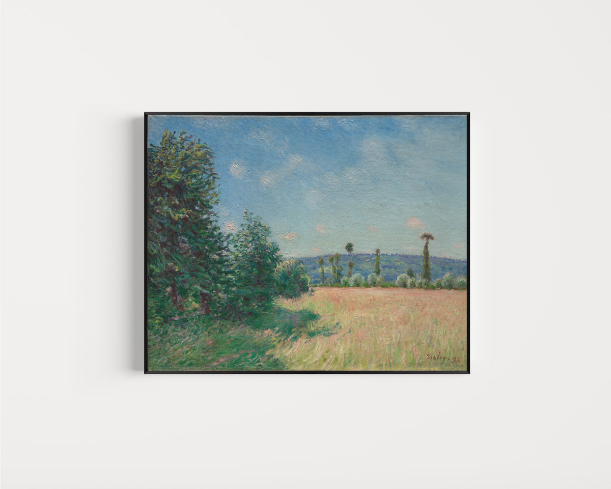 Framed art print of Sahurs Meadows in Morning Sun by Alfred Sisley, in a slim black frame on a plain white wall