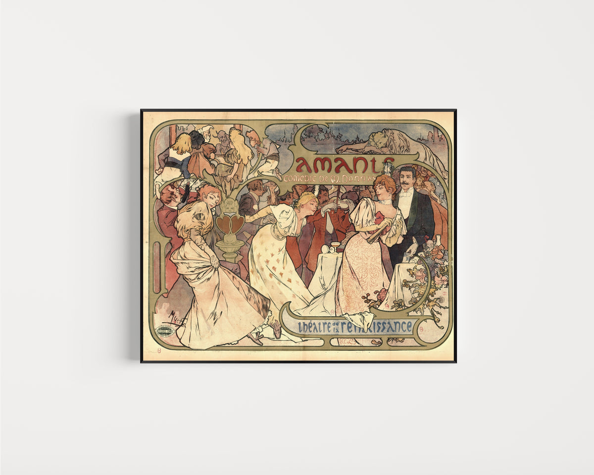 Framed art print of Amants, comédie de M. Donnay, Théâtre de la Renaissance by Alphonse Mucha, in a slim black frame on a plain white wall