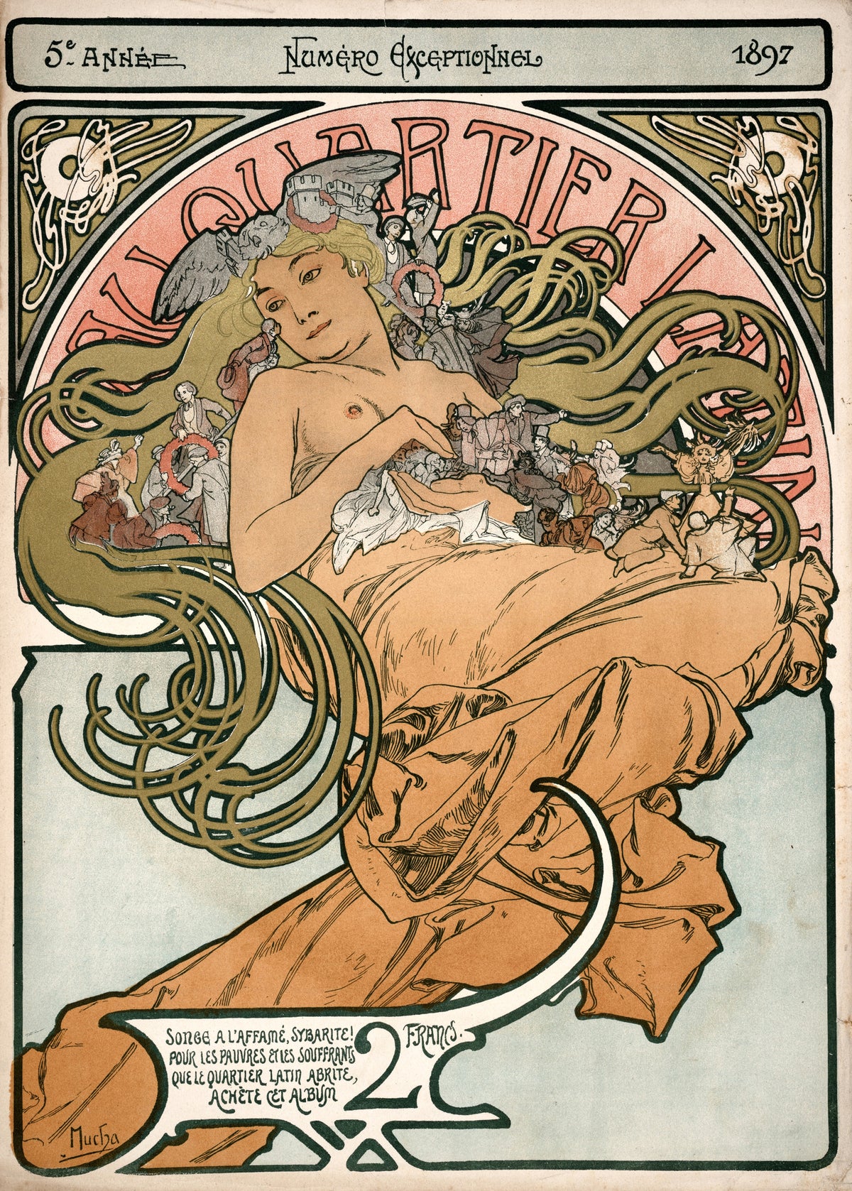 Au Quartier Latin by Alphonse Mucha — A crowned woman reclines as tiny crowds swarm through her hair
