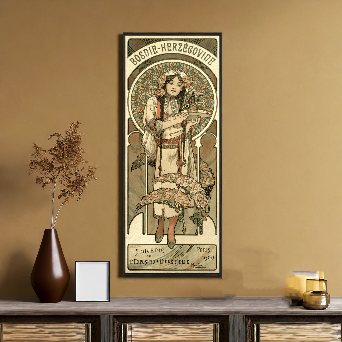 Framed art print of Bosnie-Herzégovine; L'Exposition Universelle, Paris by Alphonse Mucha, on an ochre wall above a console table