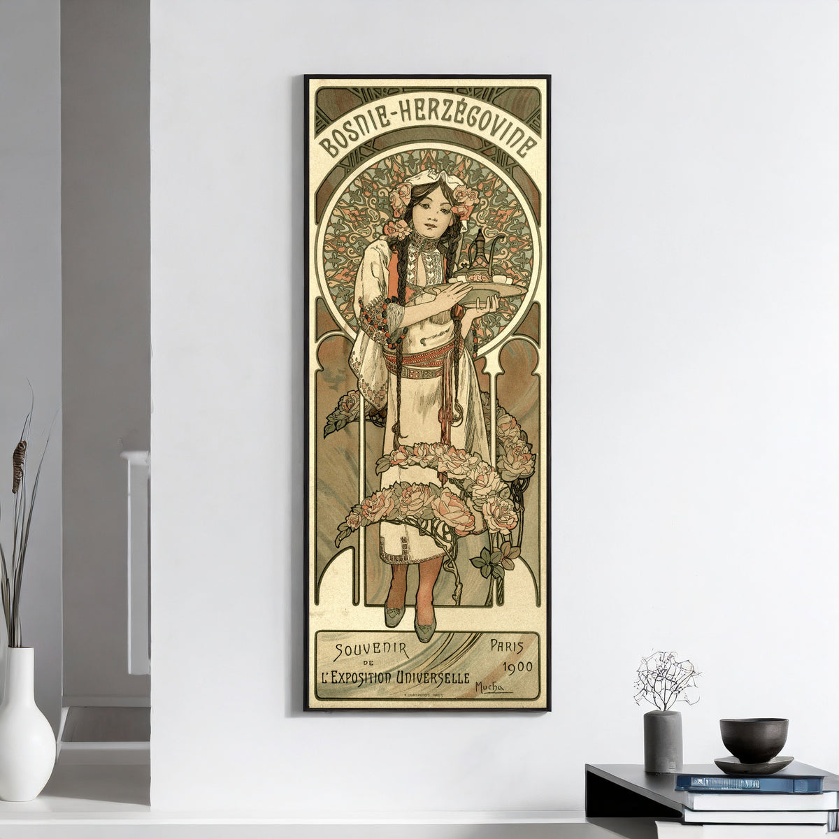 Framed art print of Bosnie-Herzégovine; L'Exposition Universelle, Paris by Alphonse Mucha, on a white wall above books and a bowl
