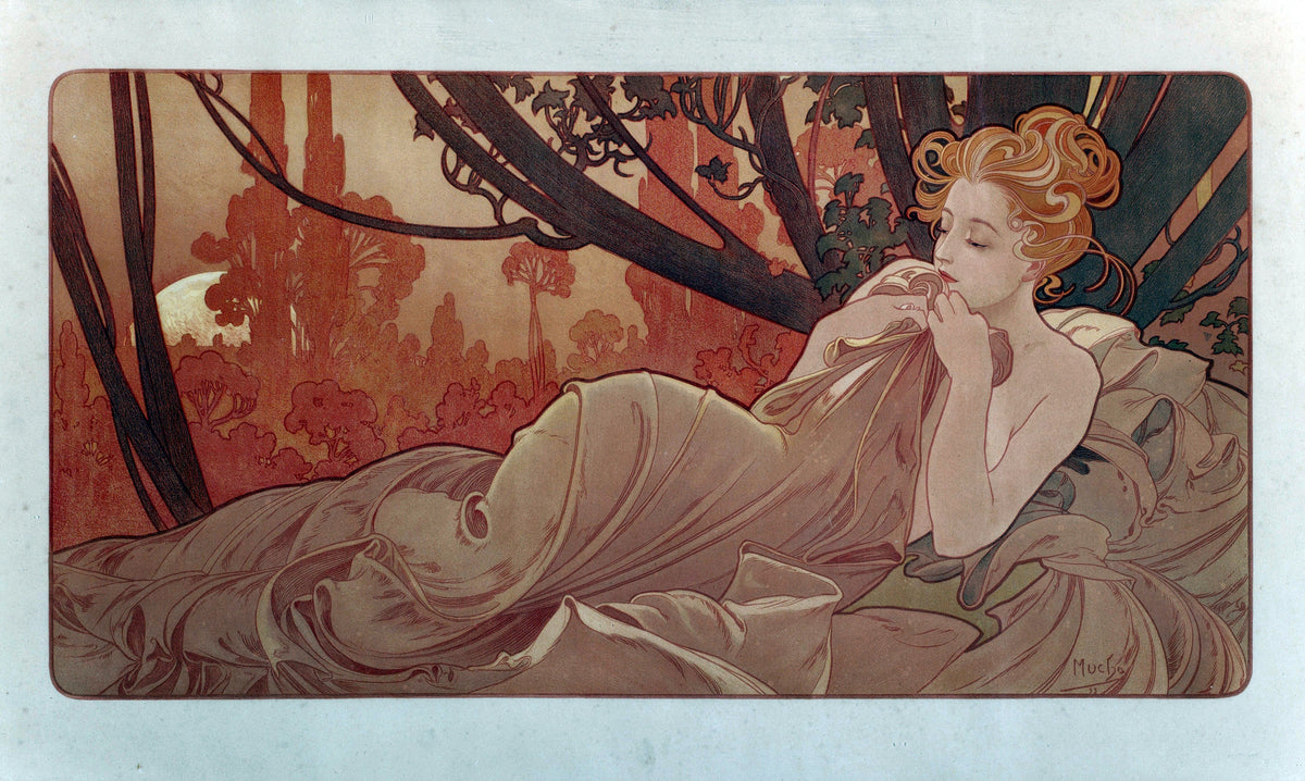 Dusk by Alphonse Mucha — A woman drowses wrapped in rose drapery before red-orange trees