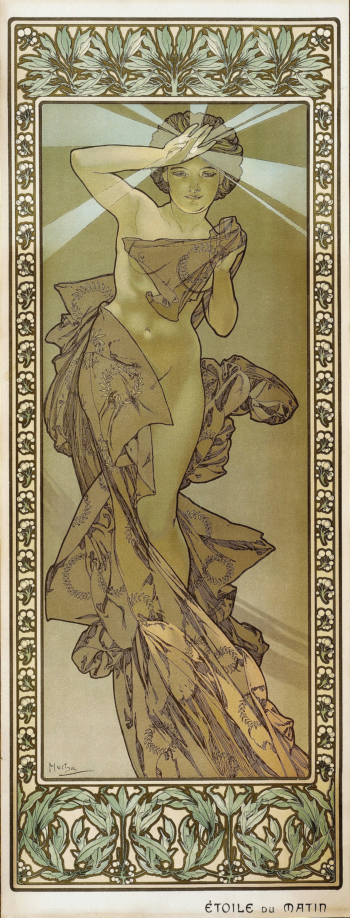 Étoile du Matin by Alphonse Mucha — The morning star shades her eyes in a burst of pale blue rays