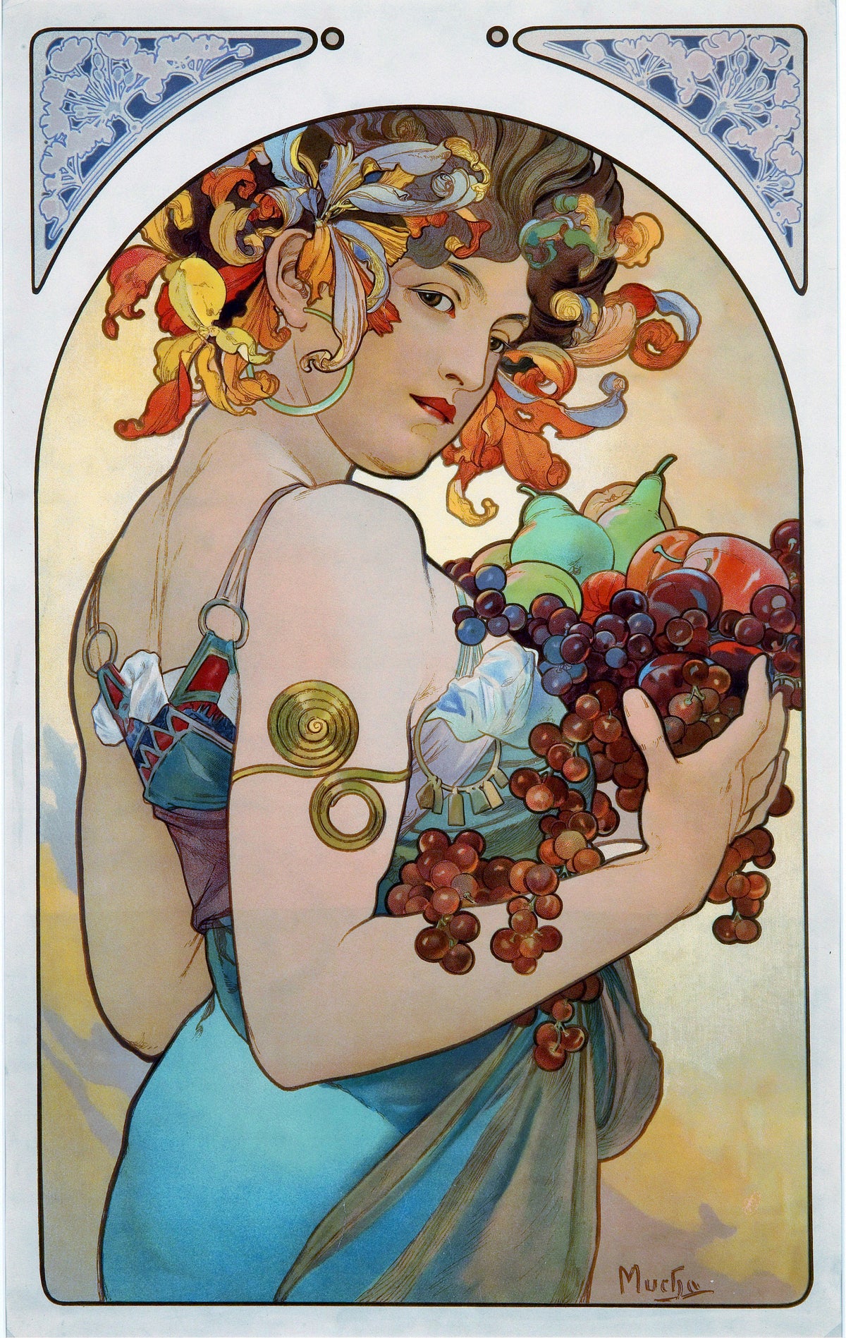 Fruit by Alphonse Mucha — A woman looks over her shoulder with an armful of pears and grapes