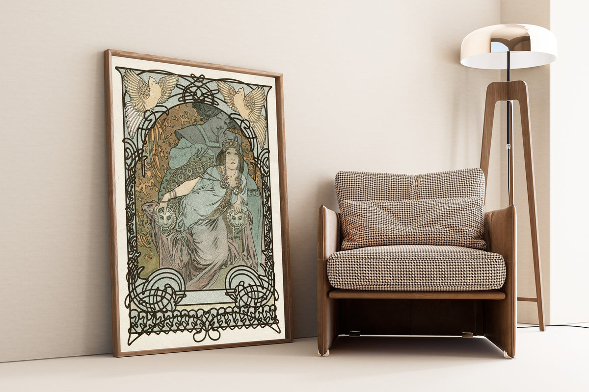 Framed art print of Ilsée, Princesse de Tripoli by Alphonse Mucha, leaning against a wall beside an armchair and a floor lamp