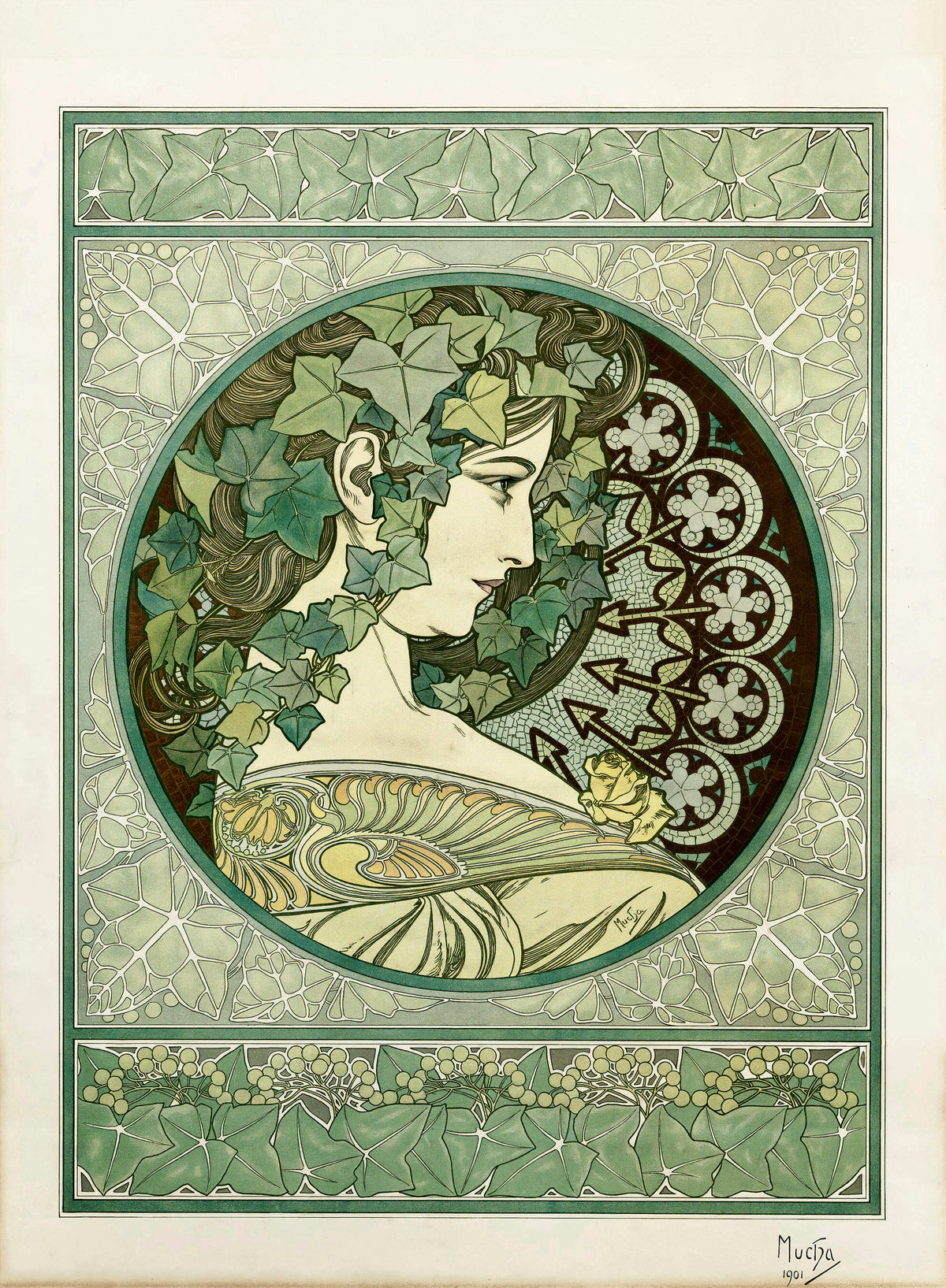 Ivy by Alphonse Mucha — A woman in profile crowned with ivy inside a green roundel