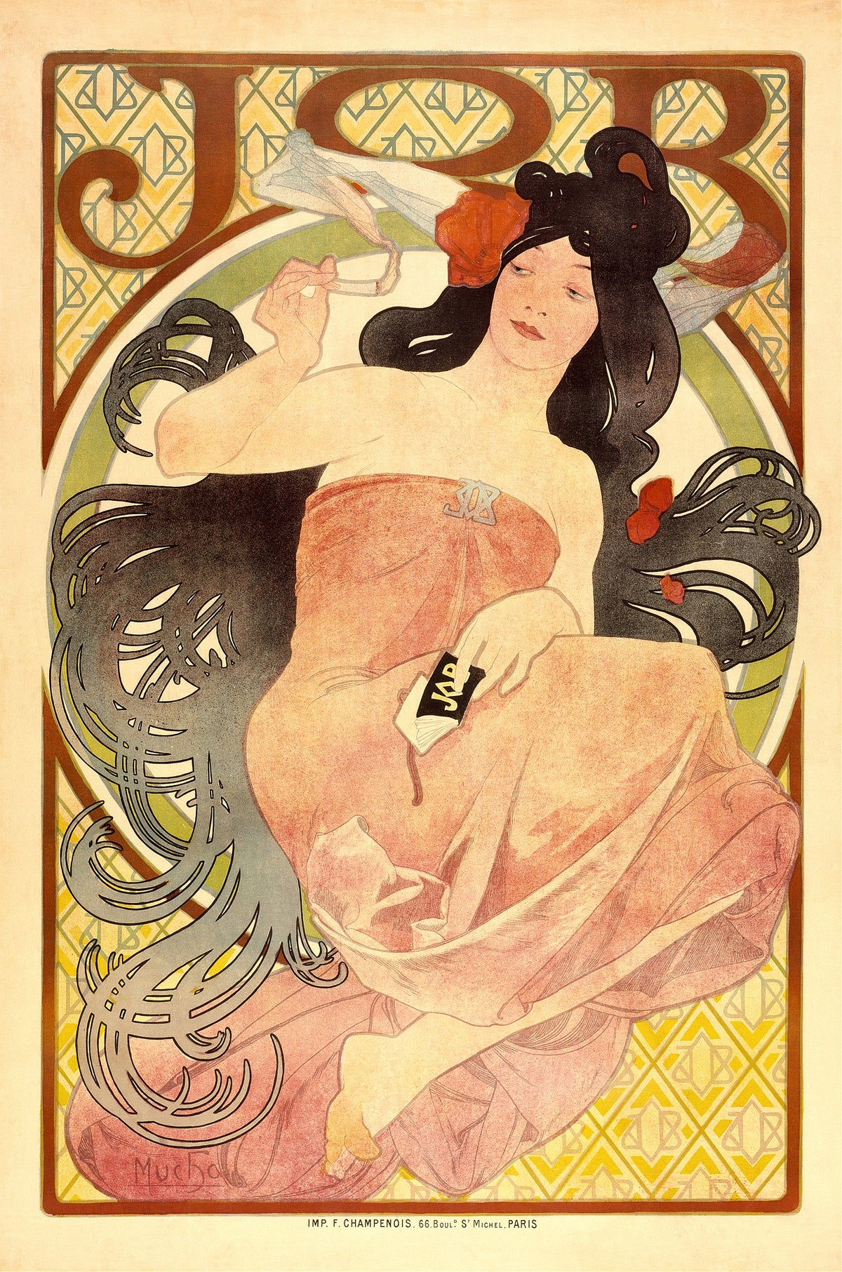 Job (1898) by Alphonse Mucha — A dark-haired smoker in rose pink, her hair coiling to silver