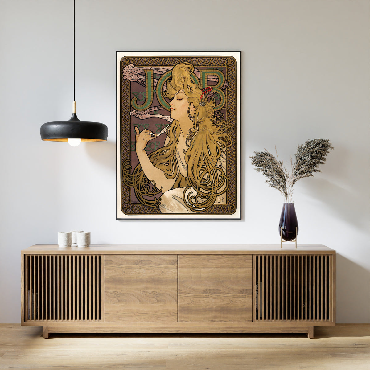 Framed art print of Job by Alphonse Mucha, above a slatted wood sideboard