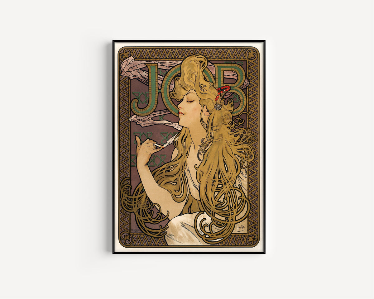 Framed art print of Job by Alphonse Mucha, in a slim black frame on a plain white wall