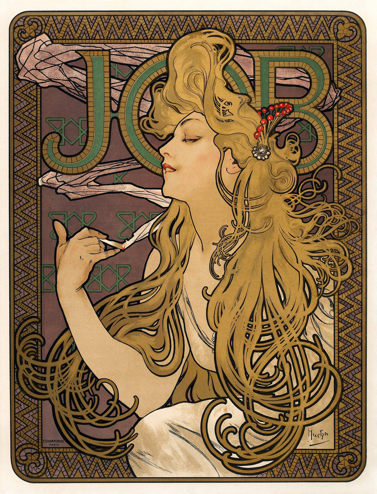 Job by Alphonse Mucha — A woman with cascading golden hair lets cigarette smoke curl past