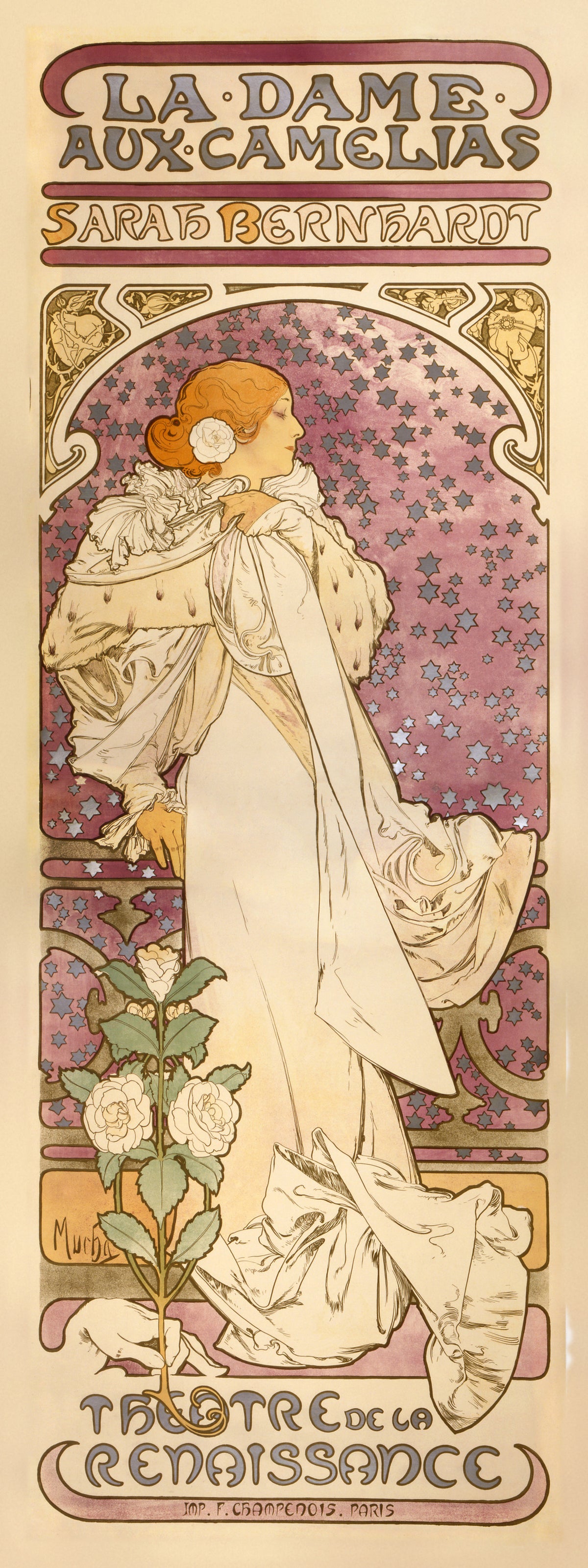 La Dame aux Camélias by Alphonse Mucha — A woman in an ermine-trimmed cloak stands beneath a field of stars