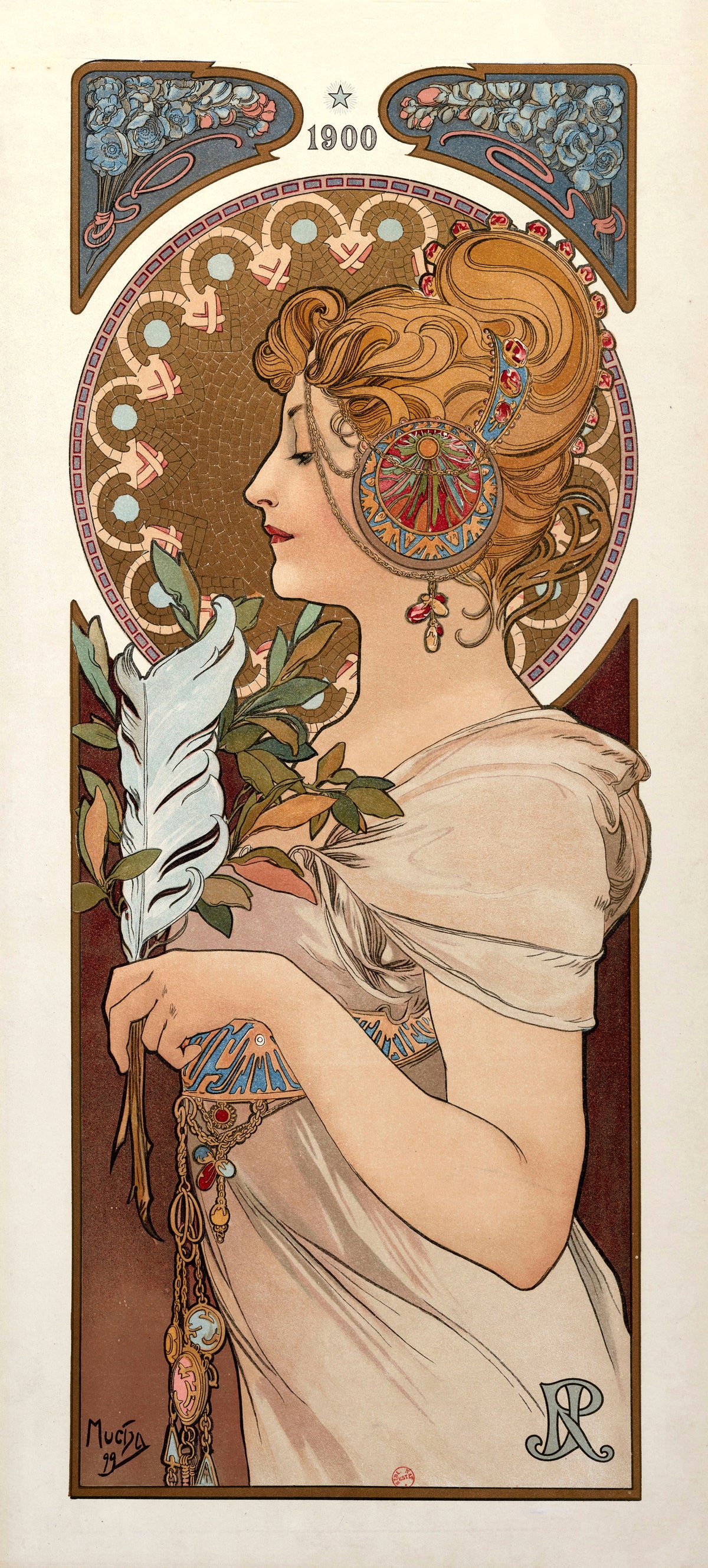 La Plume by Alphonse Mucha — A woman in profile with a white quill and a jewelled disc in her hair