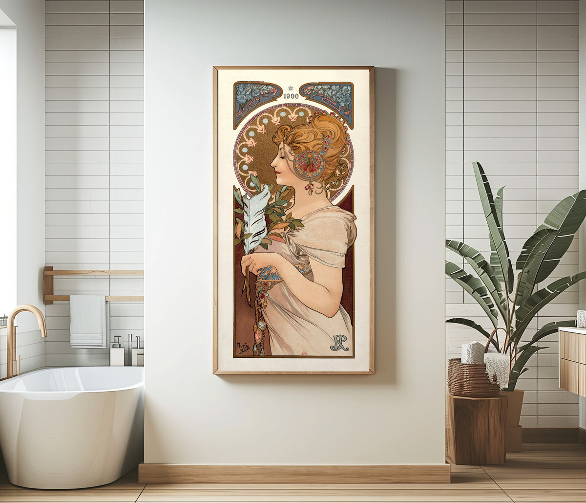 Framed art print of La Plume by Alphonse Mucha, in a bathroom beside a freestanding tub