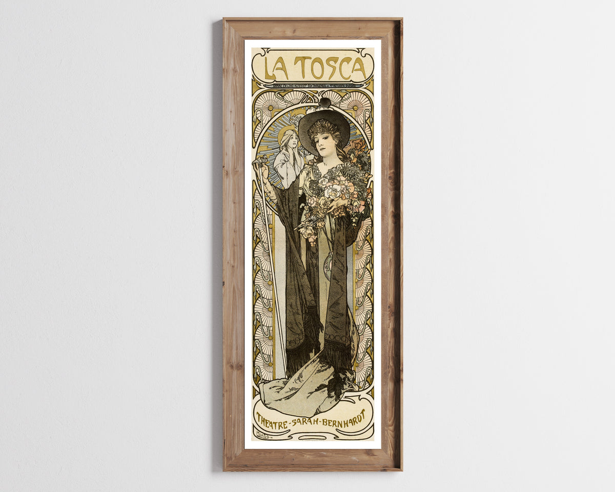 La Tosca by Alphonse Mucha — in a tall wooden frame on a pale wall