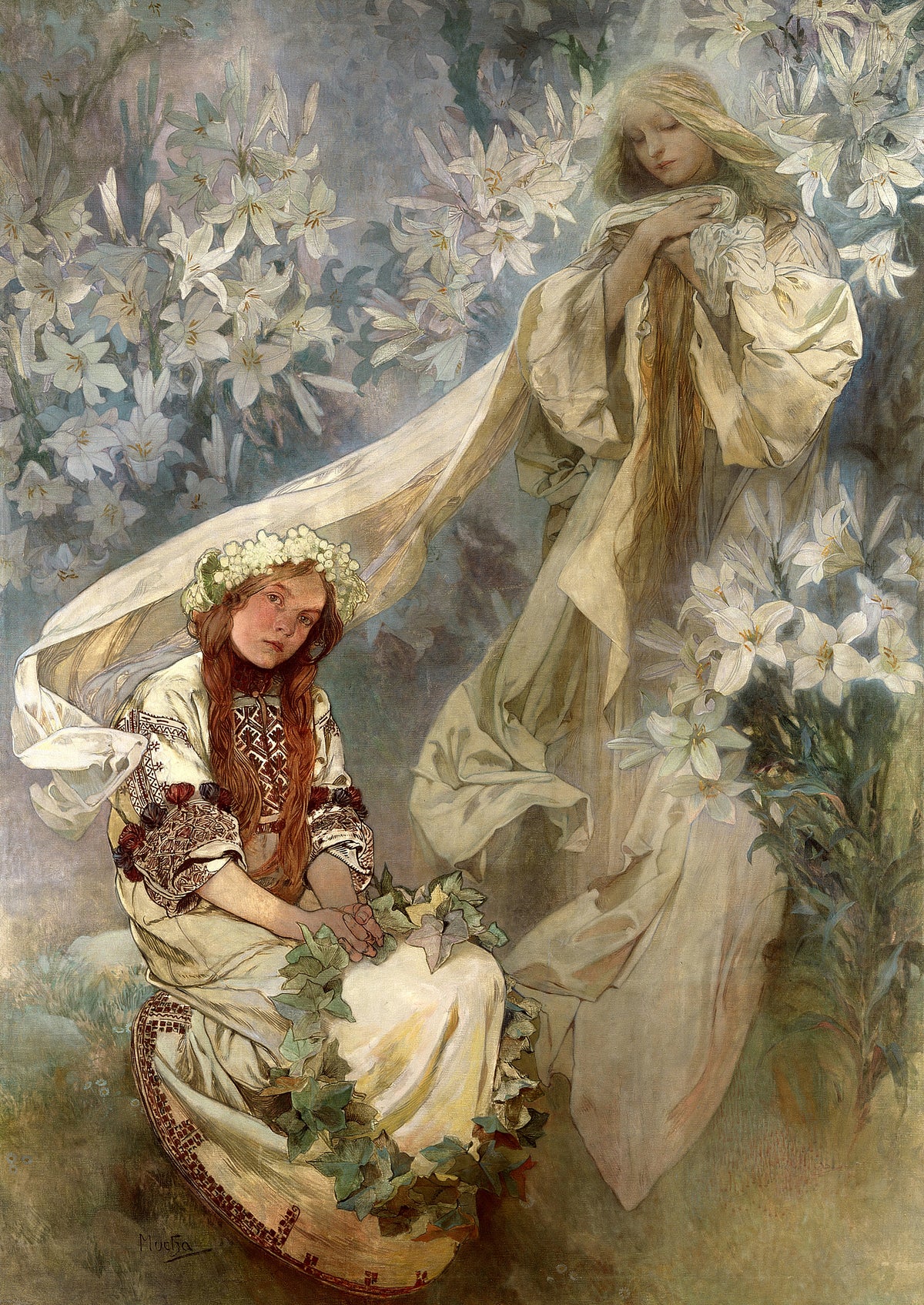 Madonna of the Lilies by Alphonse Mucha — The Madonna among white lilies above a seated red-haired girl