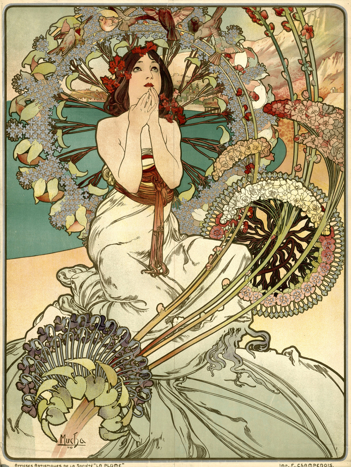 Monaco Monte-Carlo by Alphonse Mucha — A girl gazes upward inside great wheels of lilac and carnations