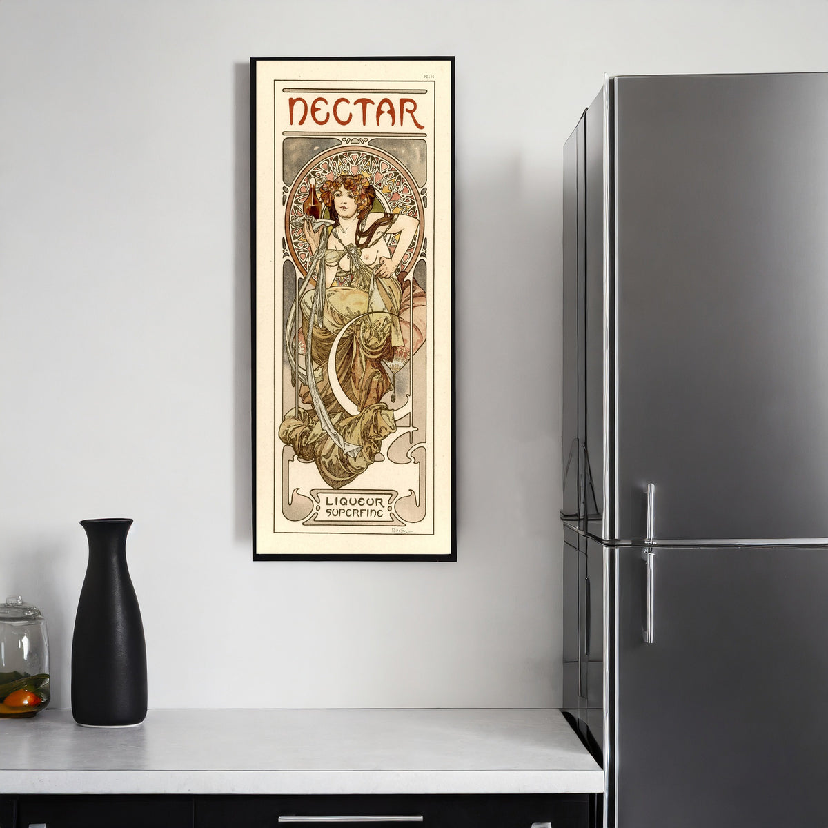 Framed art print of Nectar by Alphonse Mucha, on a kitchen wall