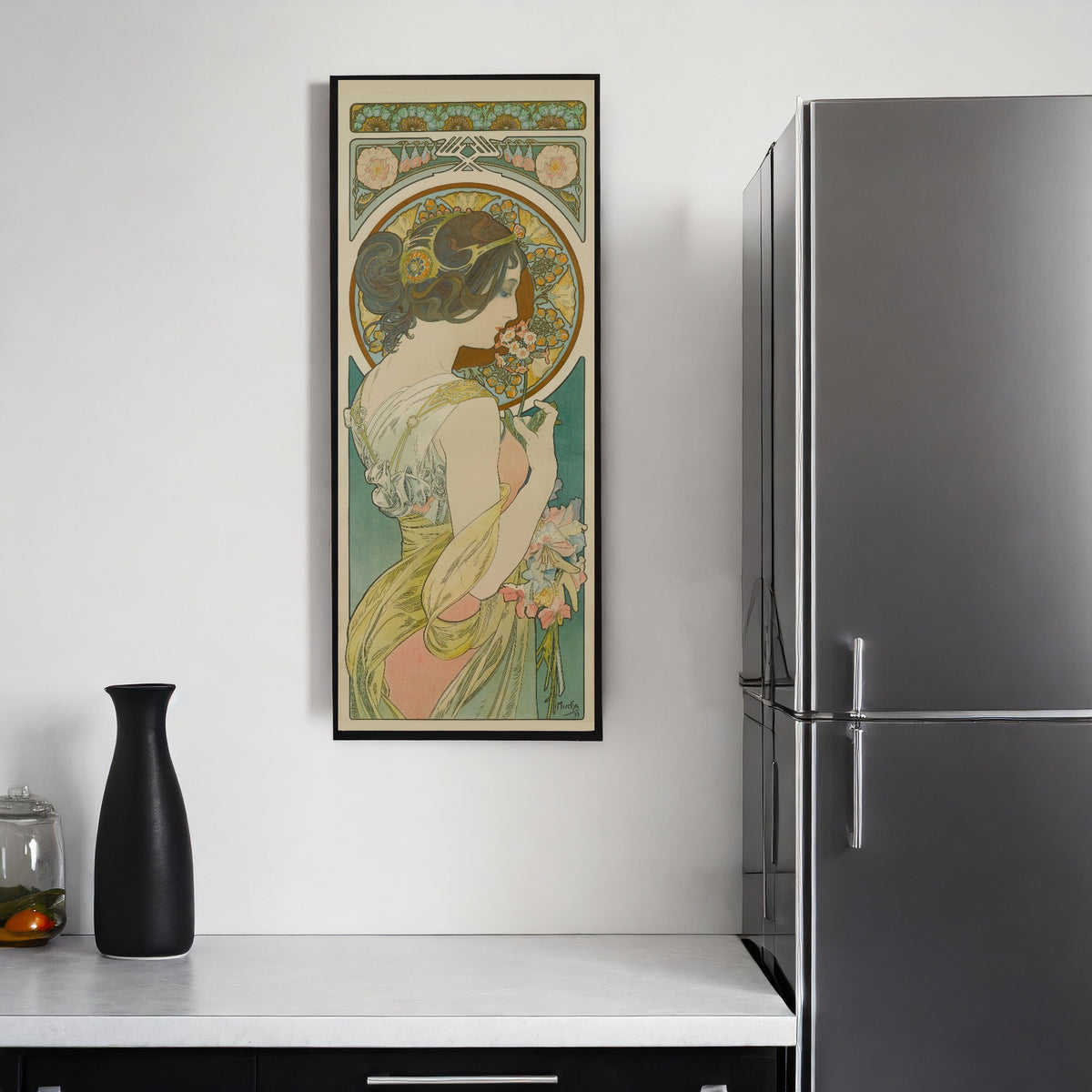 Primrose by Alphonse Mucha — framed on a kitchen wall