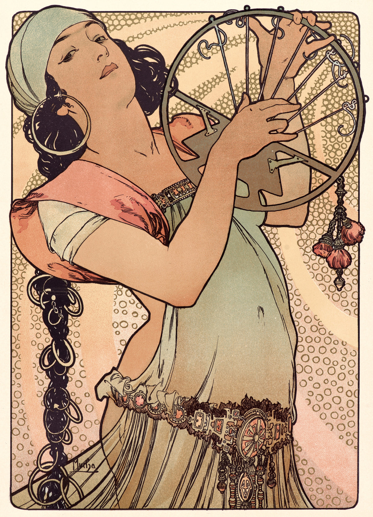 Salomé by Alphonse Mucha — A dancer in a turban raises a round metal frame hung with tassels