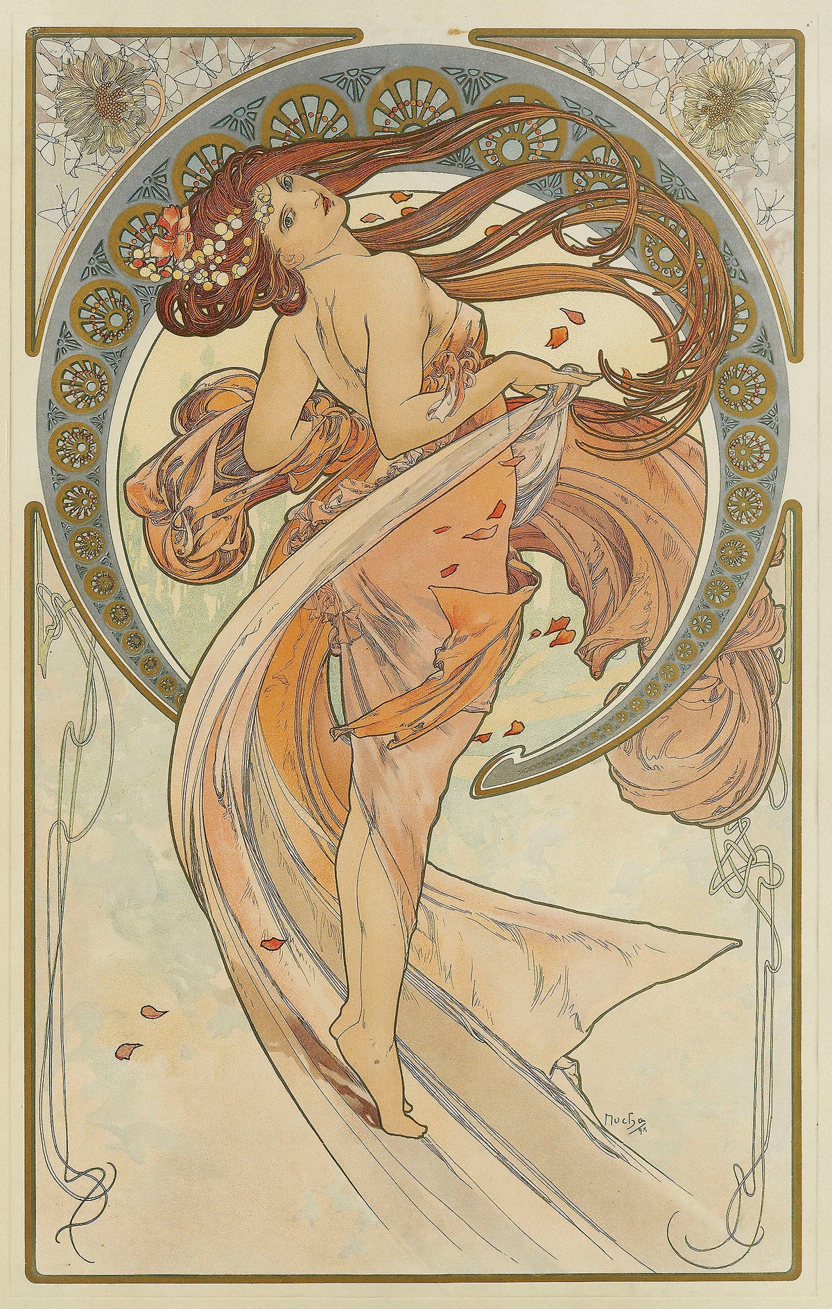 The Arts: Dance by Alphonse Mucha — A dancer's auburn hair streams as petals fall around her bare back