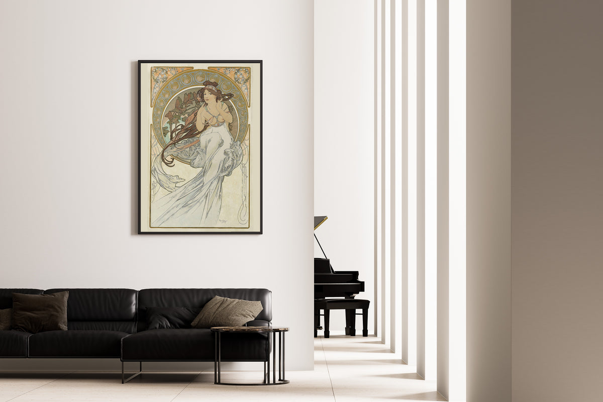 The Arts: Music by Alphonse Mucha — framed on the wall of a minimal living room